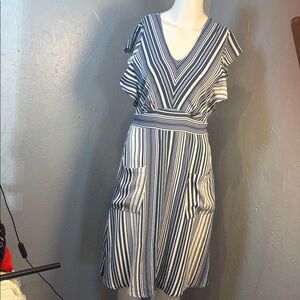 Monteau Navy and White Striped Midi Dress with front Pockets Size M